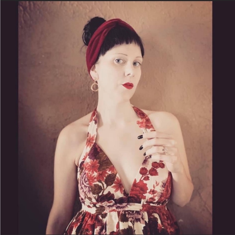 VTG Gorgeous Red Floral Print Silk Halter Bubble Hem Dress